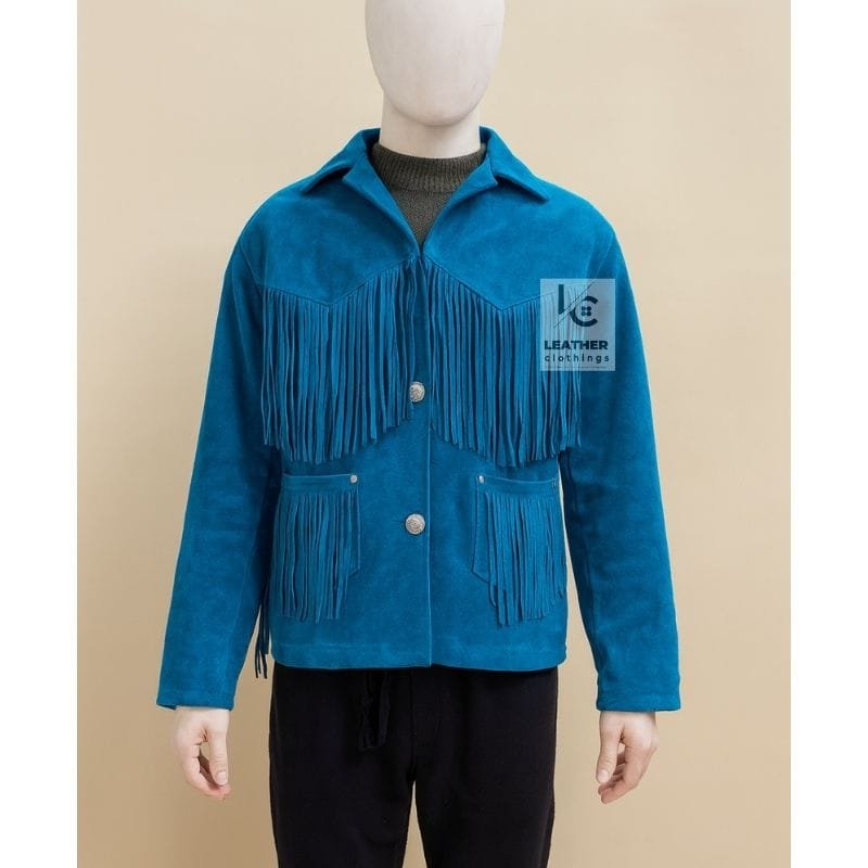 Handmade Men’s Western Fringe Jacket – Blue Suede Cowgirl & Cowboy Fashion Outfit by Leather Clothings