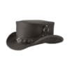 Black leather steampunk top hat with harness strap band and metal D-ring accents
