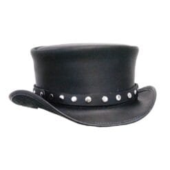 Black leather top hat with silver rivet band and outlaw rider styling