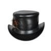 Black leather top hat with decorative feather accent and Victorian steampunk styling