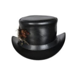 Black leather top hat with decorative feather accent and Victorian steampunk styling