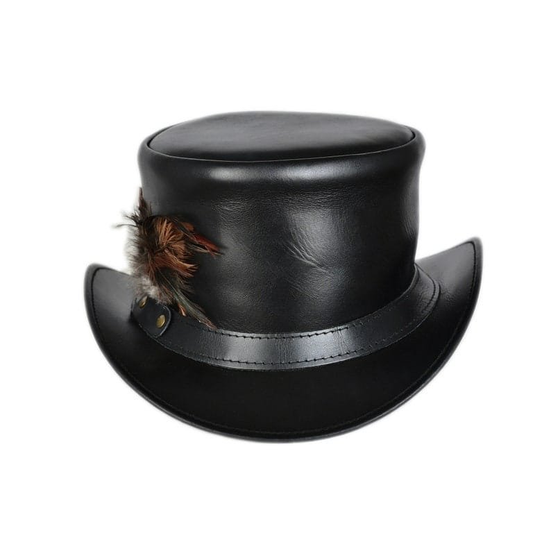 Black leather top hat with decorative feather accent and Victorian steampunk styling