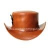 Brown leather top hat with feather accent and handcrafted frontier-inspired design