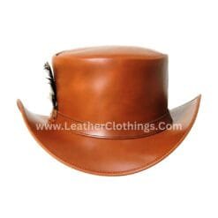 Brown leather top hat with feather accent and handcrafted frontier-inspired design