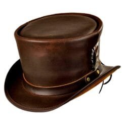 Brown leather top hat with feather accent and distressed vintage finish
