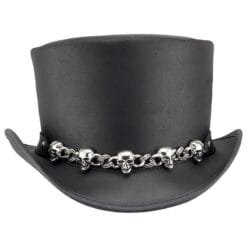 Black leather top hat with silver skull chain band in biker gothic style