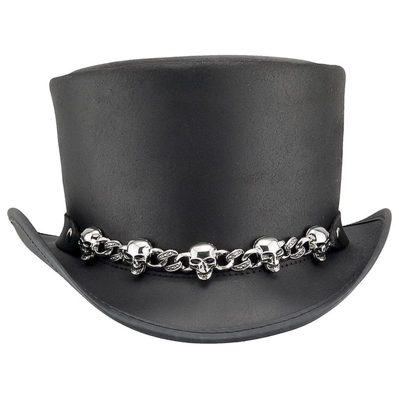 Black leather top hat with silver skull chain band in biker gothic style