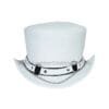 White leather top hat with SR2 chain band, metal rings, and decorative chain accents