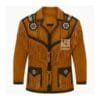 Men's golden tan cowhide suede Western jacket with black contrast yoke, concho shoulder medallions, and long fringe