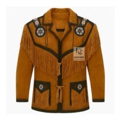 Men's golden tan cowhide suede Western jacket with black contrast yoke, concho shoulder medallions, and long fringe