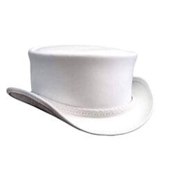 White leather top hat with Ghost Rider braided band and curved Western brim