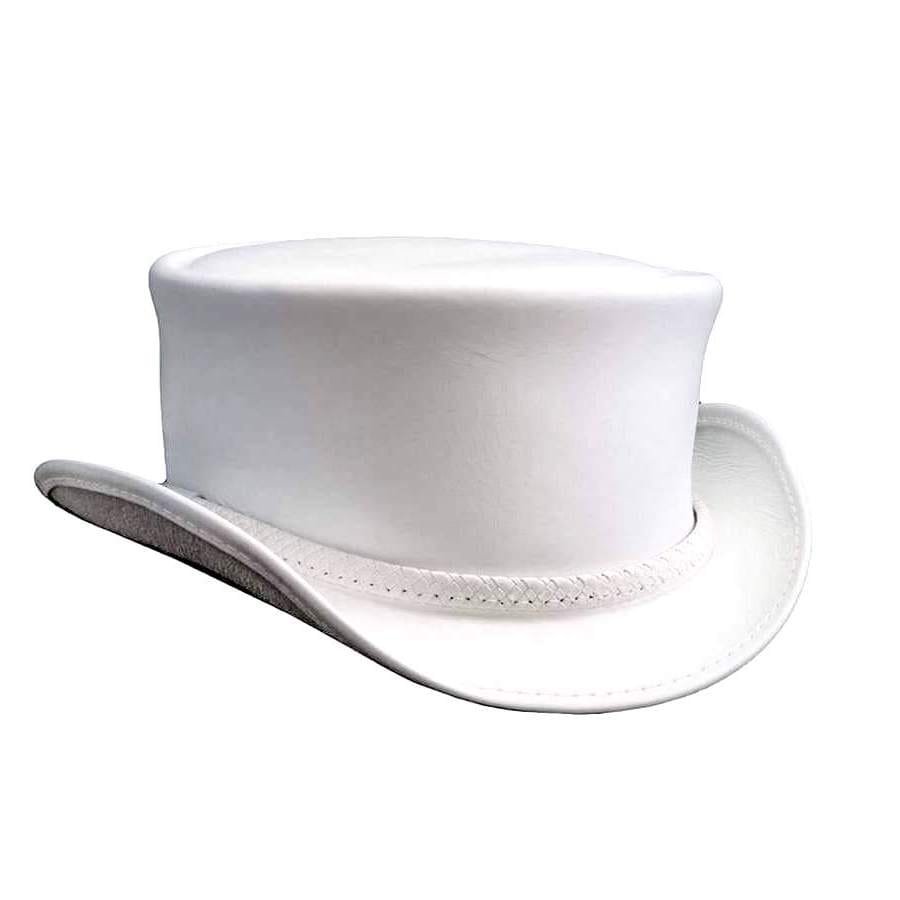 White leather top hat with Ghost Rider braided band and curved Western brim