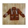 Men's reddish suede eagle beaded fringe jacket with decorative bone accents and lace-front closure
