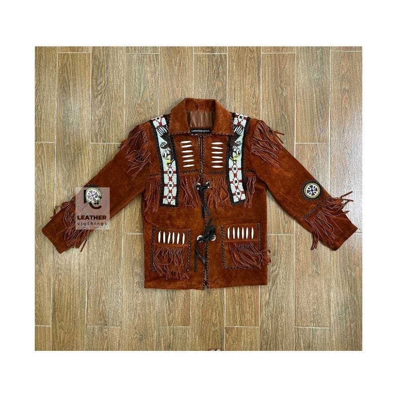 Men's reddish suede eagle beaded fringe jacket with decorative bone accents and lace-front closure