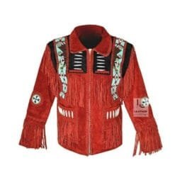 Men's red and black suede eagle beaded fringe cowboy jacket with decorative bone accents