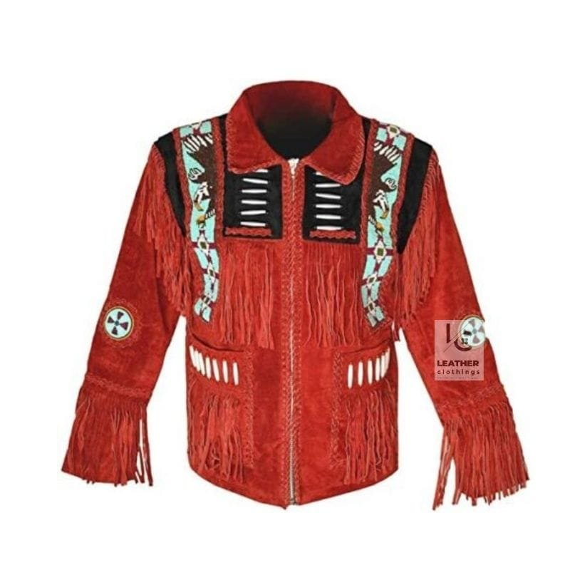 Men's red and black suede eagle beaded fringe cowboy jacket with decorative bone accents