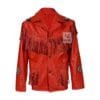 Men's red leather cowboy jacket with decorative beadwork and fringe detailing