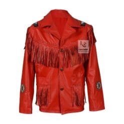 Men's red leather cowboy jacket with decorative beadwork and fringe detailing