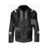 Men's black cowhide suede Western jacket with fringe, bone-style chest lacing, whip-stitched trim, and concho medallions