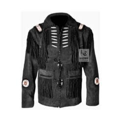Men's black cowhide suede Western jacket with fringe, bone-style chest lacing, whip-stitched trim, and concho medallions