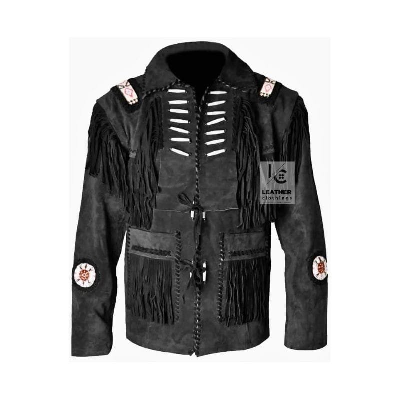 Men's black cowhide suede Western jacket with fringe, bone-style chest lacing, whip-stitched trim, and concho medallions