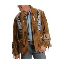 Men’s brown suede fringe jacket with eagle-inspired beadwork and decorative bone accents