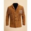 Man wearing tan suede western fringe jacket with braided trim and shoulder fringe detailing
