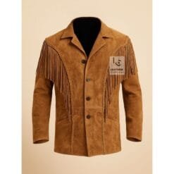 Man wearing tan suede western fringe jacket with braided trim and shoulder fringe detailing