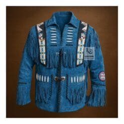 Men's blue suede eagle beaded fringe cowboy jacket with decorative bone accents