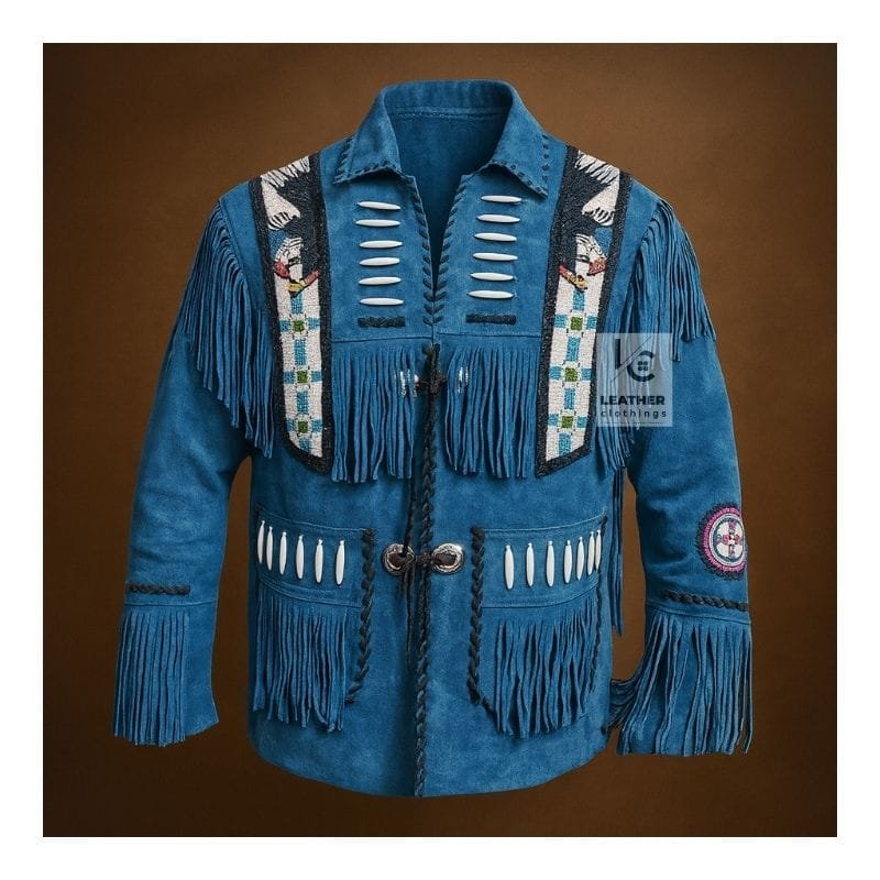 Men's blue suede eagle beaded fringe cowboy jacket with decorative bone accents