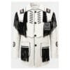 Men's white cowhide suede Western jacket with black fringe, decorative bone-style chest lacing, whip stitching, and concho accents