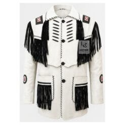 Men's white cowhide suede Western jacket with black fringe, decorative bone-style chest lacing, whip stitching, and concho accents