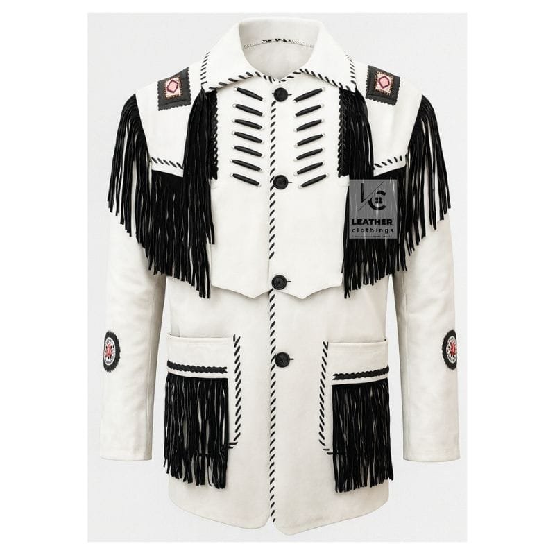 Men's white cowhide suede Western jacket with black fringe, decorative bone-style chest lacing, whip stitching, and concho accents