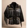 Men's Black Sierra Fringe Suede Leather Jacket with bone-style accents and hand-beaded shoulder tabs