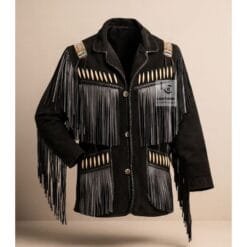 Men's Black Sierra Fringe Suede Leather Jacket with bone-style accents and hand-beaded shoulder tabs
