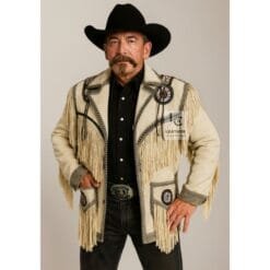 Men's Ivory Frontier Fringe Suede Leather Jacket with whipstitch trim and rosette accents