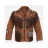 Men's Rustic Outback fringe suede leather jacket with cartridge-loop pocket accents and braided trim