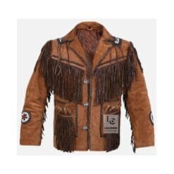 Men's Rustic Outback fringe suede leather jacket with cartridge-loop pocket accents and braided trim
