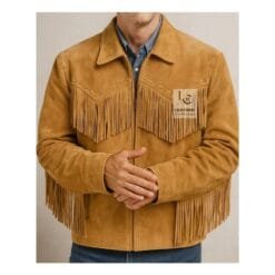 Men’s brown suede fringe jacket with running stitch lacing and YKK zipper