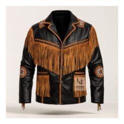 Men's black leather Western jacket with brown leather fringe and decorative beadwork details
