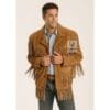 Men’s brown suede fringe long jacket with lapel collar and Western detailing