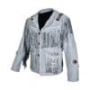 Men’s gray suede fringe jacket with beaded medallions and whip lacing