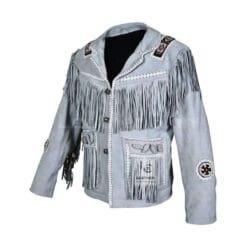 Men’s gray suede fringe jacket with beaded medallions and whip lacing