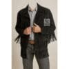 Men’s black suede fringe long jacket with lapel collar and Western detailing