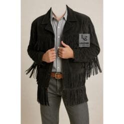 Men’s black suede fringe long jacket with lapel collar and Western detailing