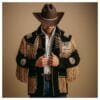 Men's black suede Western jacket with golden fringes, decorative beadwork, and handcrafted trim details