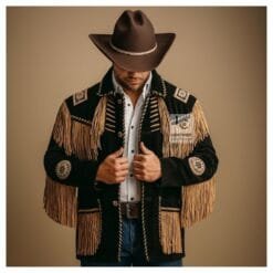 Men's black suede Western jacket with golden fringes, decorative beadwork, and handcrafted trim details