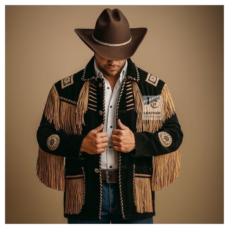 Men's black suede Western jacket with golden fringes, decorative beadwork, and handcrafted trim details