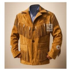 Men's tan goat suede fringe jacket with braided yoke trim and concho-style embroidered medallions