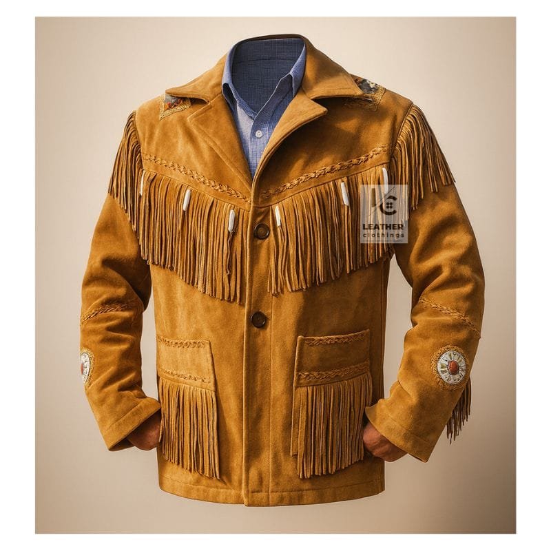 Men's tan goat suede fringe jacket with braided yoke trim and concho-style embroidered medallions